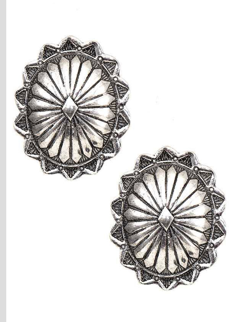 Clip on 2" western silver XL indented raised oval earrings