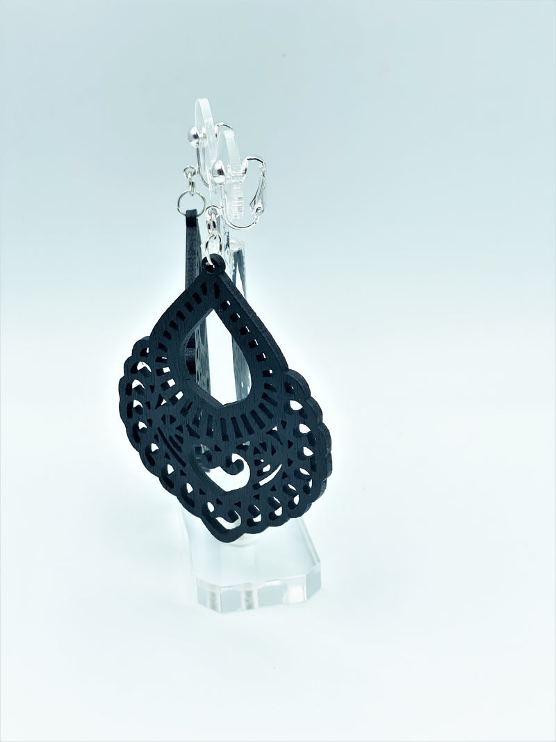 Clip on Xlarge silver and black cutout wood earrings