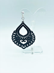 Clip on Xlarge silver and black cutout wood earrings