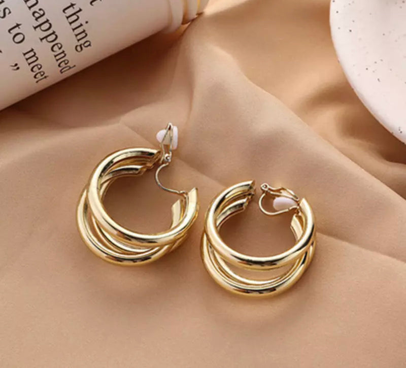 Clip on 1 1/4" gold or silver cutout three hoop open earrings