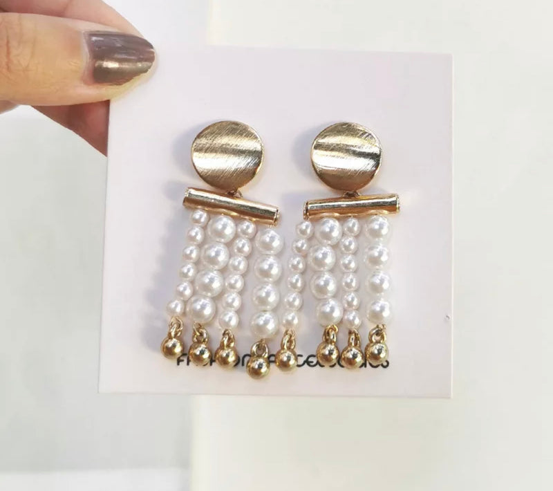 Clip on gold bar dangle white pearl earrings