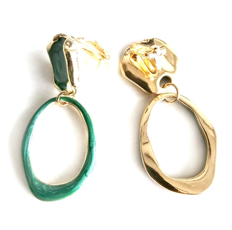 Clip on 1 3/4" gold and green odd shaped dangle hoop earrings