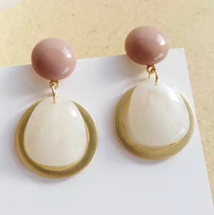 Clip on 1 3/4" matte gold peach and milky white bead earrings