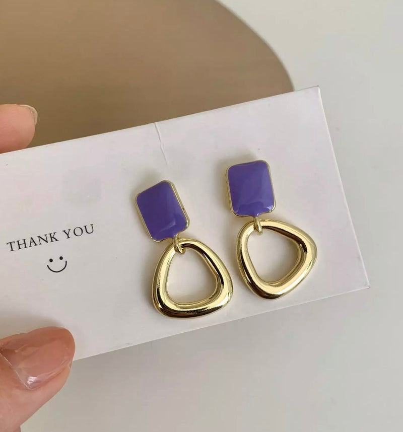 Clip on 1 1/4" gold purple dangle odd shaped hoop earrings
