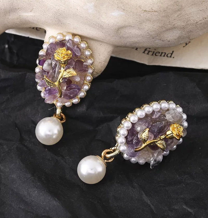 Vintage clip on 1 1/2" gold purple stone oval earrings with white pearl