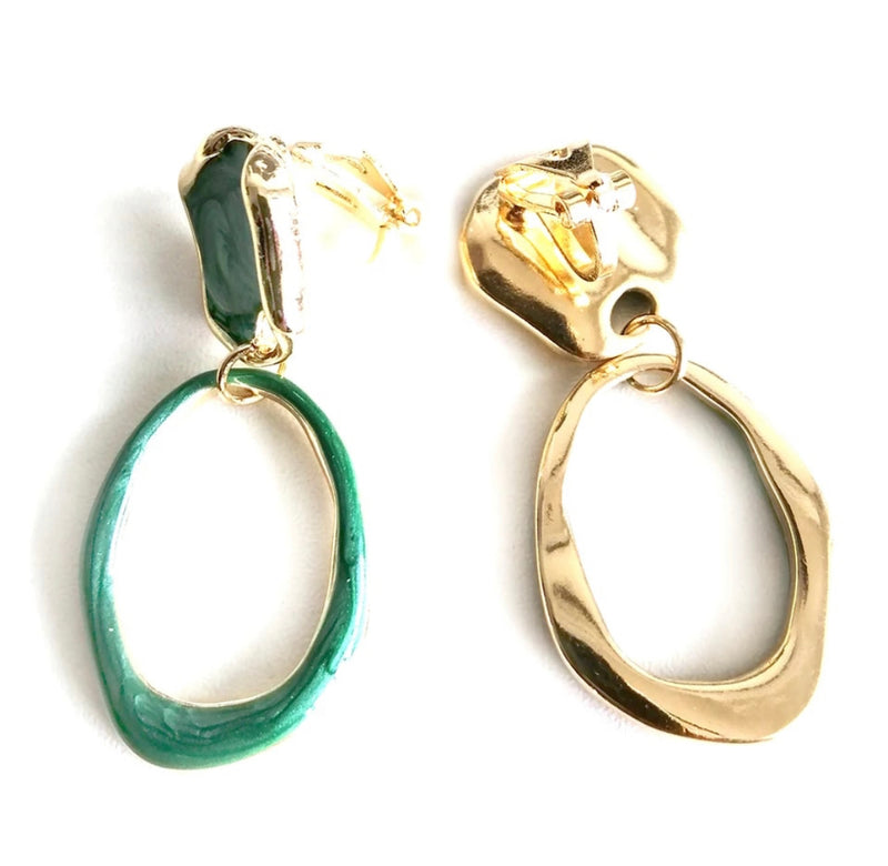 Clip on 1 3/4" gold odd shaped dangle hoop earrings