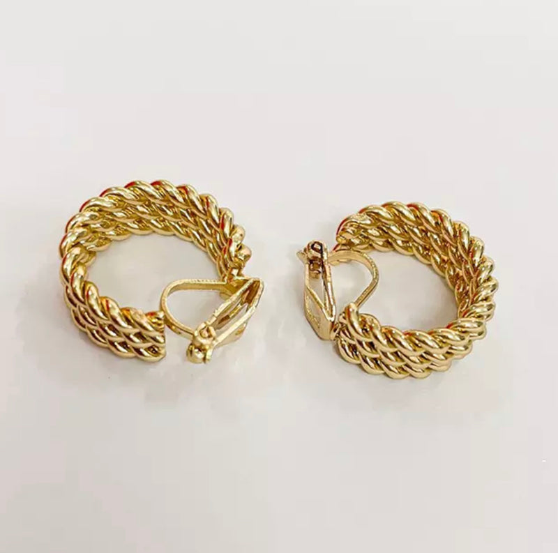 Clip on 3/4" small gold wide three row rope hoop earrings