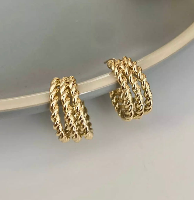 Clip on 3/4" small gold wide three row rope hoop earrings