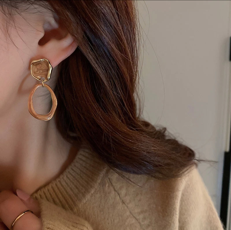Clip on 1 3/4" gold odd shaped dangle hoop earrings
