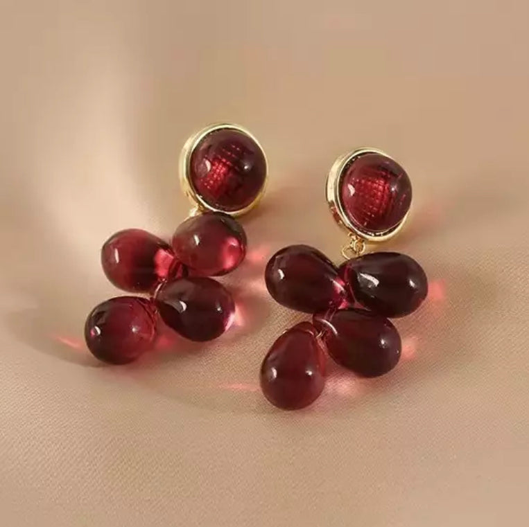 Clip on 2" gold and clear red or green dangle ball earrings
