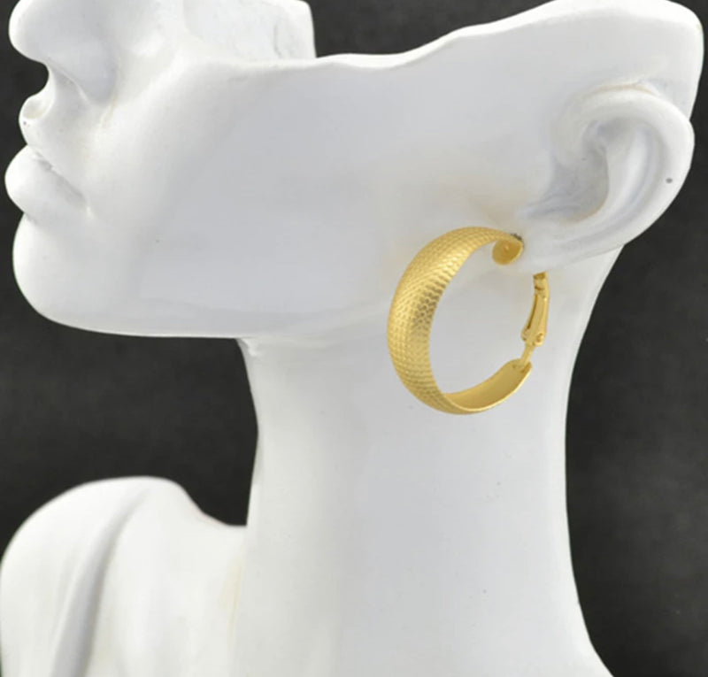 Clip on 1 1/4" textured matte gold wide hoop earrings