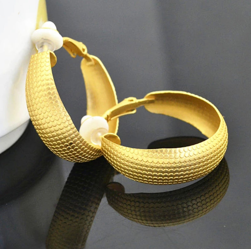 Clip on 1 1/4" textured matte gold wide hoop earrings