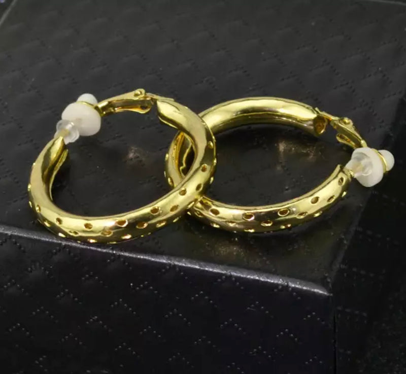 Clip on 1 1/4" gold or silver pin hole hoop earrings