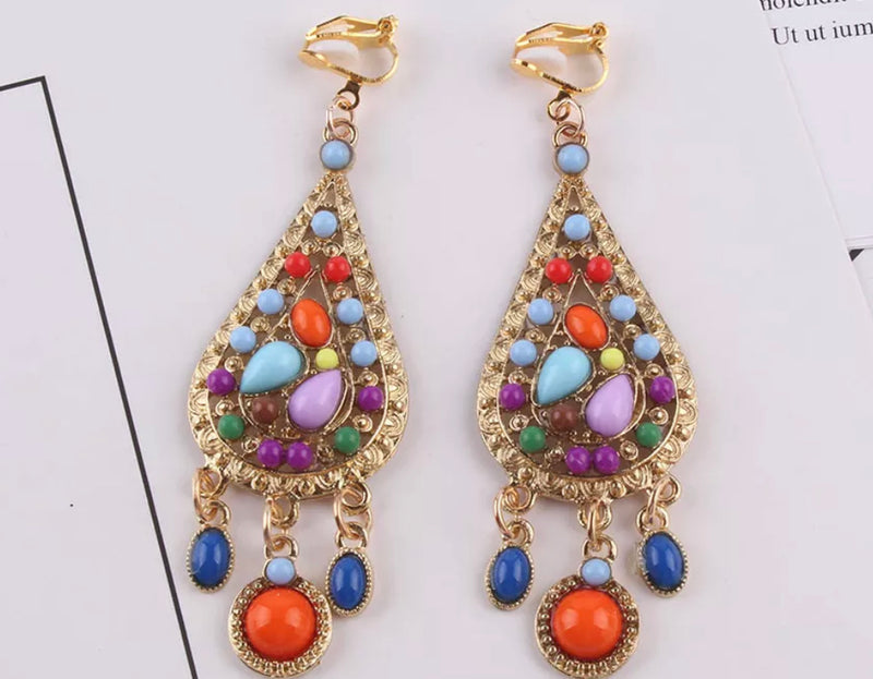 Classy 3 1/4" clip on gold multi colored beaded earrings