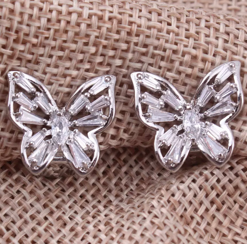 Classy clip on 1/2" silver and clear baguette stone butterfly earrings