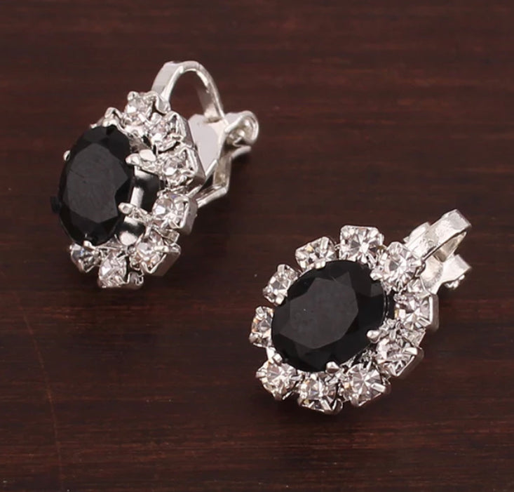 Clip on 1/2" small silver clear and black stone oval earrings