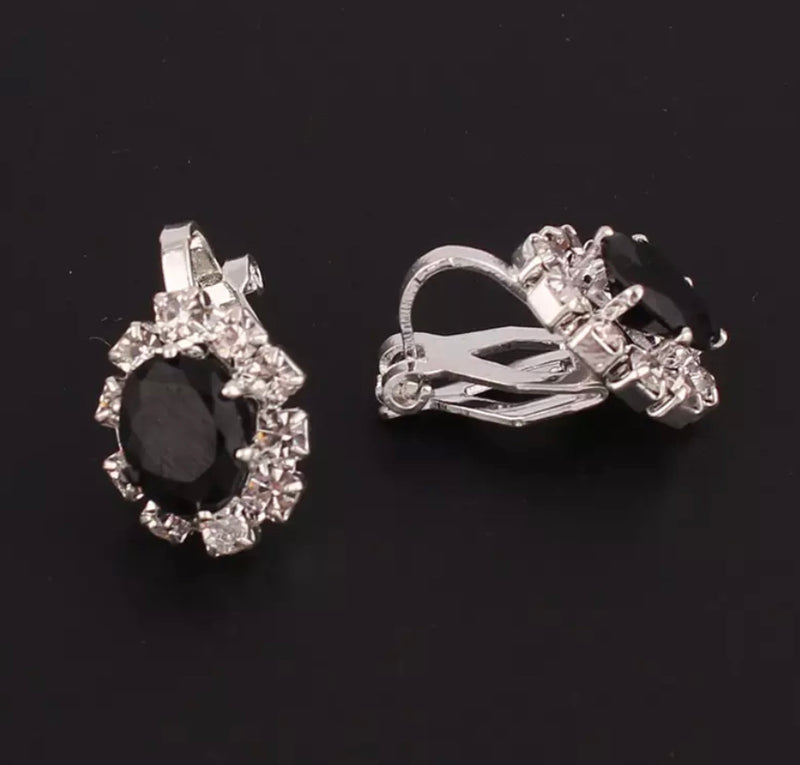 Clip on 1/2" small silver clear and black stone oval earrings
