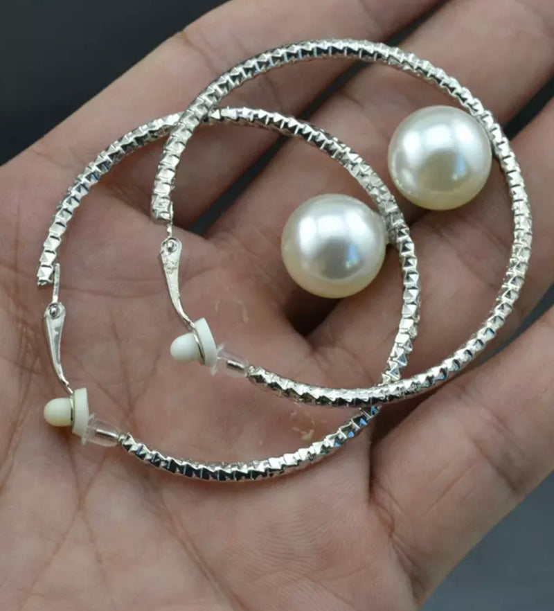 Clip on 2" silver textured hoop earrings with center pearl