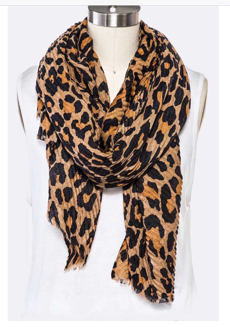 Brown or gold leopard print long 14" X 60" polyester scarf