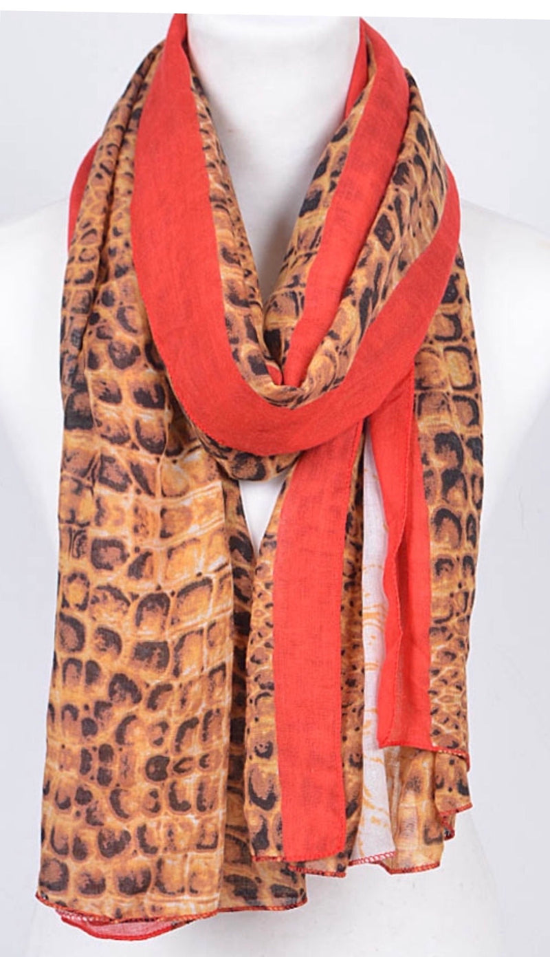 Brown, black, white and red animal print 37" X 70" XL scarf-shawl