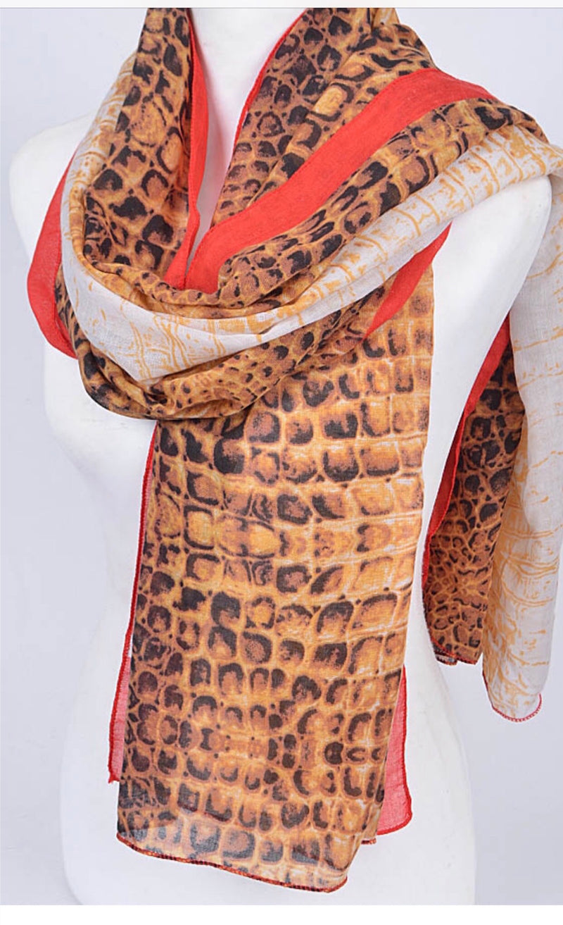 Brown, black, white and red animal print 37" X 70" XL scarf-shawl