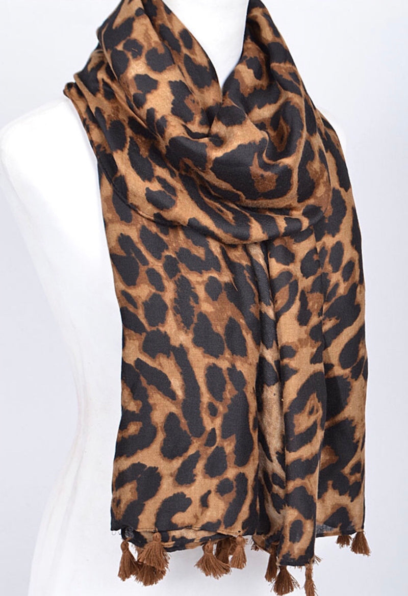 Brown multi colored animal print long shawl-scarf with brown tassels