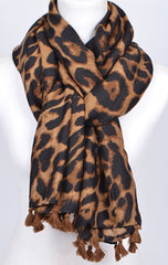 Brown multi colored animal print long shawl-scarf with brown tassels