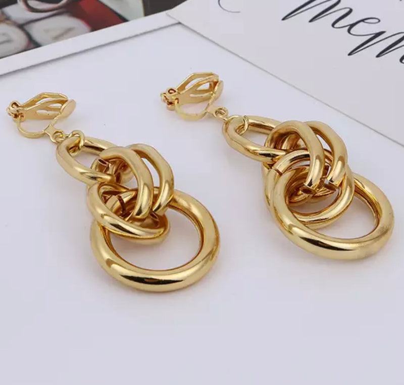 Trendy 2 1/4" clip on lightweight shiny gold multi chain dangle earrings