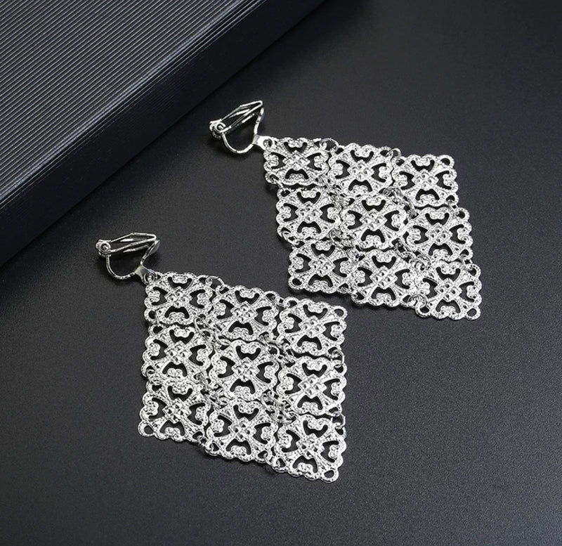 Lightweight 2 3/4" clip on silver multi cutout square earrings