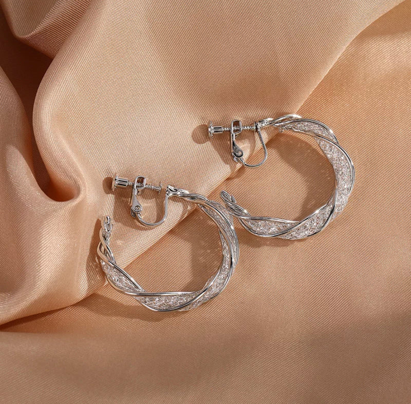 Clip on 1 1/2" silver or gold mesh open back hoop earrings