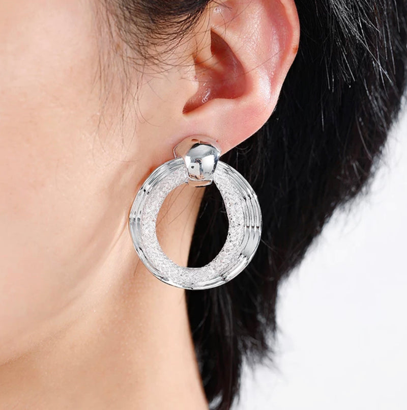 Clip on 1 3/4" silver or gold and mesh wavy hoop earrings