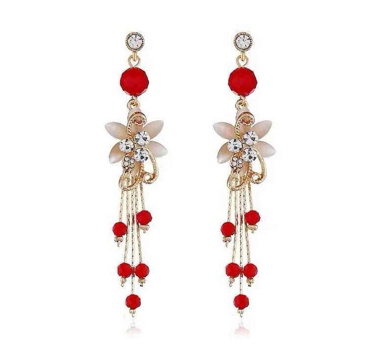 Clip on 3 1/2" gold chain white or red stone flower dangle red bead earrings