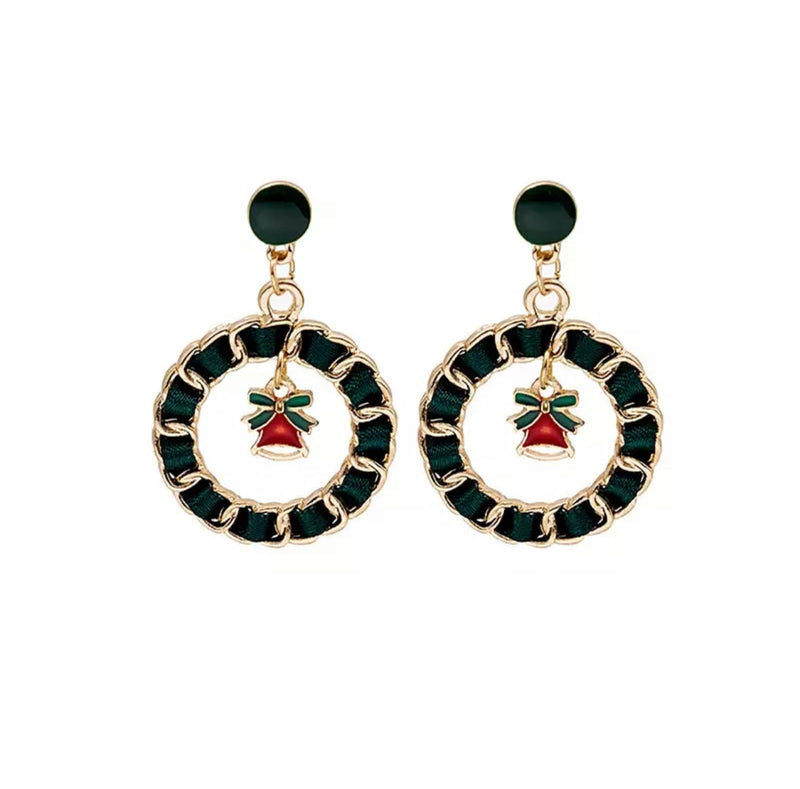 Pierced 1 3/4"gold and red Christmas bell green ribbon dangle hoop earrings