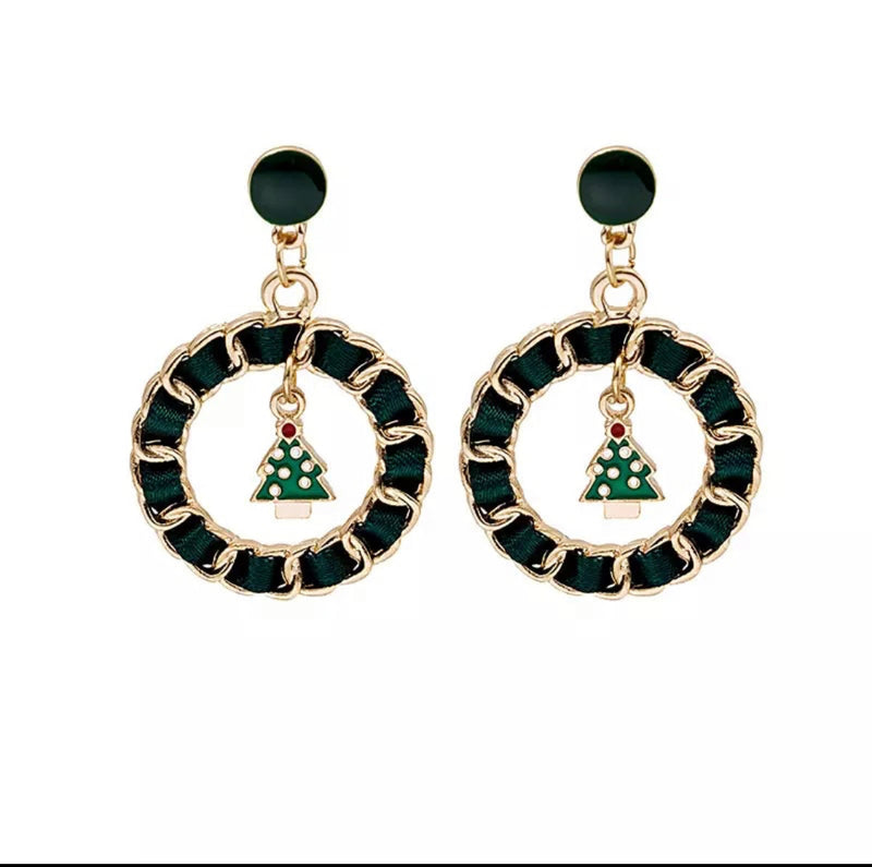 Clip on 1 3/4" gold, green and white pointed Christmas Tree dangle earrings