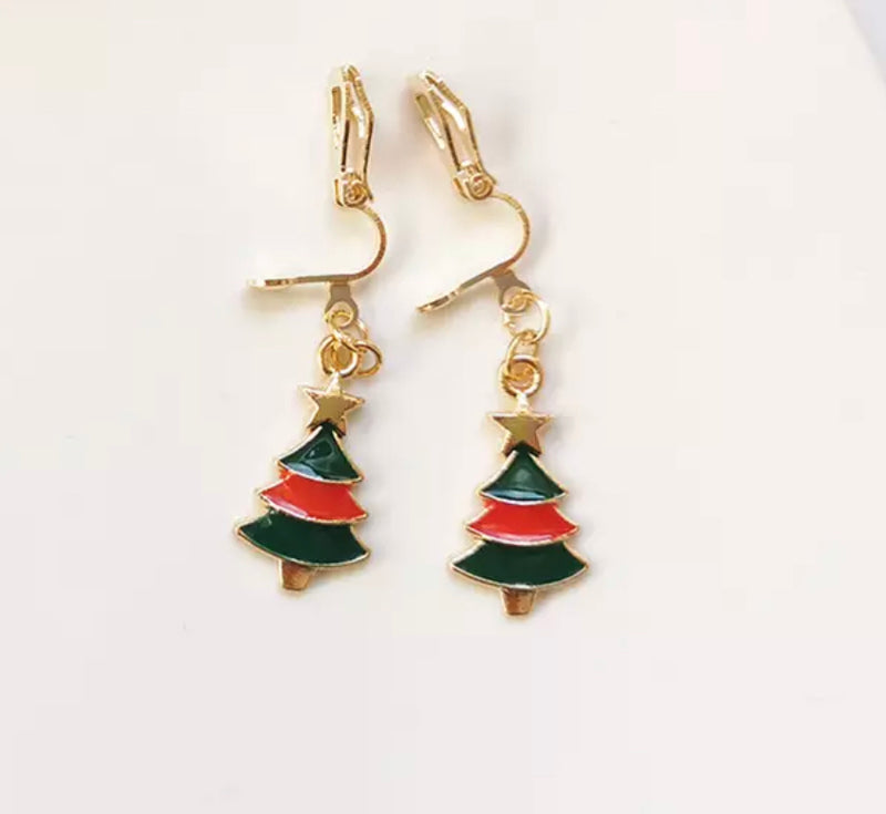 Clip on 1 1/2" gold, red and green pointed dangle Christmas Tree earrings