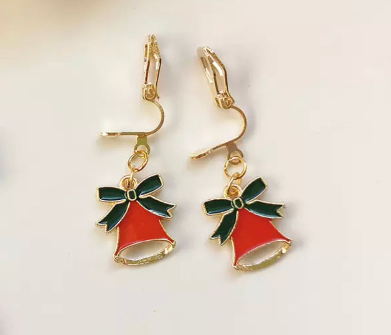 Clip on 1 1/4"gold and red Christmas bell dangle earrings