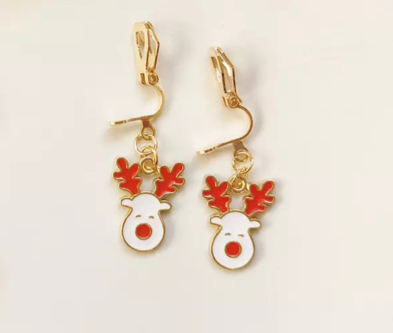 Clip on 1 1/4" gold, red and white reindeer dangle earrings