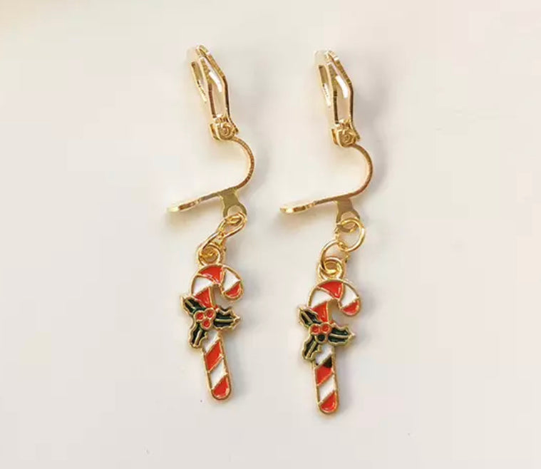 Clip on1 1/4" gold, red and white stripe candy cane dangle earrings