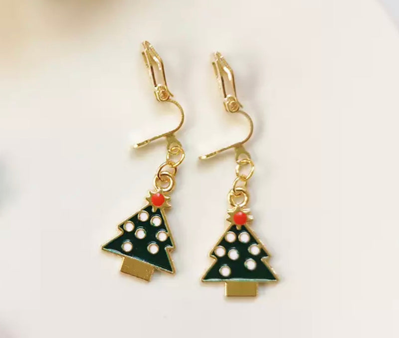 Clip on 1 1/2" gold, green, white and red dangle Christmas Tree earrings