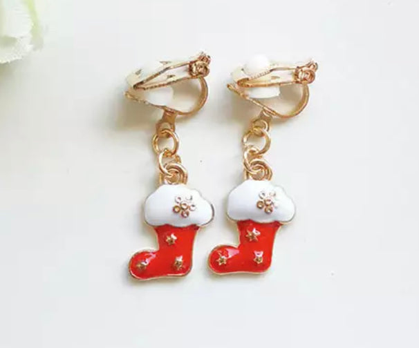 Clip on 1 1/4" gold, red and white Christmas boot dangle earrings