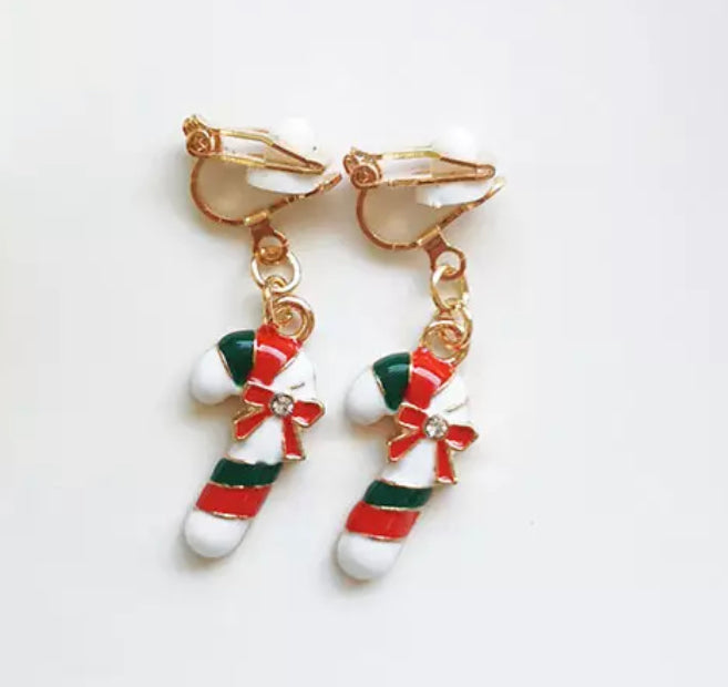 Clip on 1 3/4" gold, green and white pointed Christmas Tree dangle earrings