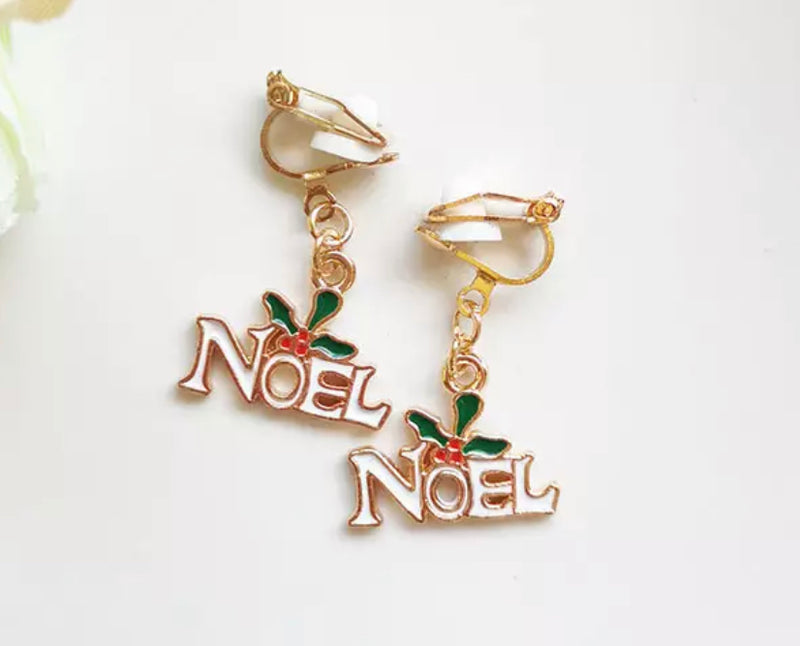 Clip on 1 1/4" gold, green, and white Christmas NOEL dangle earrings