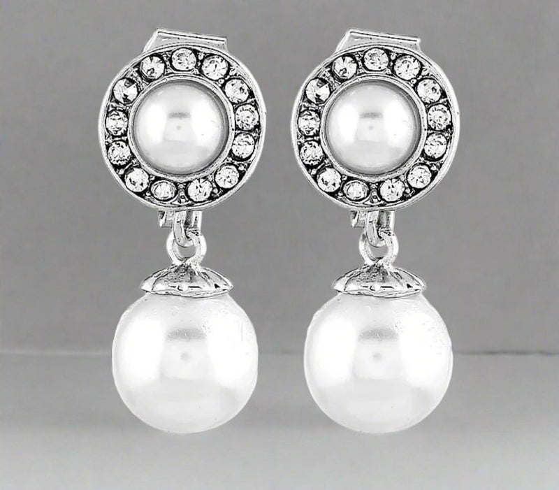 Clip on 1" small silver clear stone white pearl dangle earrings