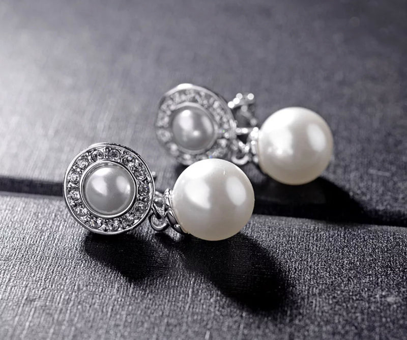 Clip on 1" small silver clear stone white pearl dangle earrings