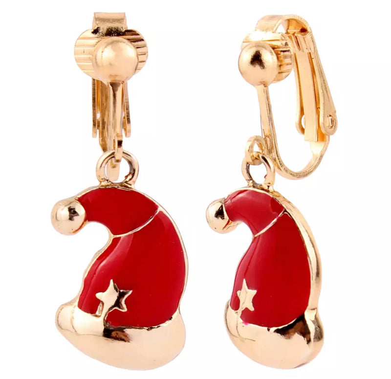 Clip on 1 1/4" gold and red reindeer bell dangle earrings with clear stone