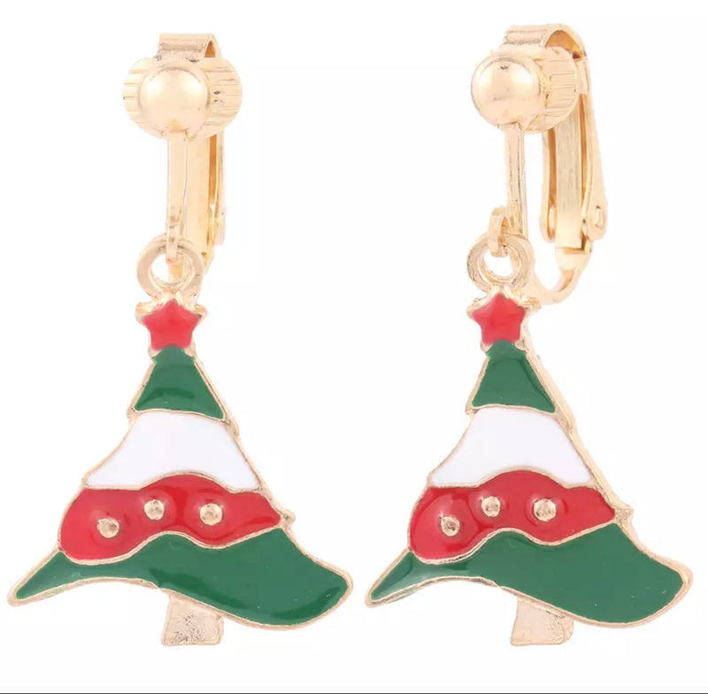 Clip on 1 1/2" gold, green, red and white dangle Christmas Tree earrings