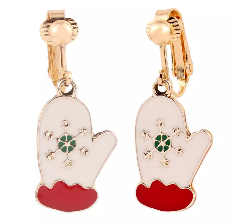 Clip on 1 1/2" gold, red and white Santa Sleigh dangle earrings