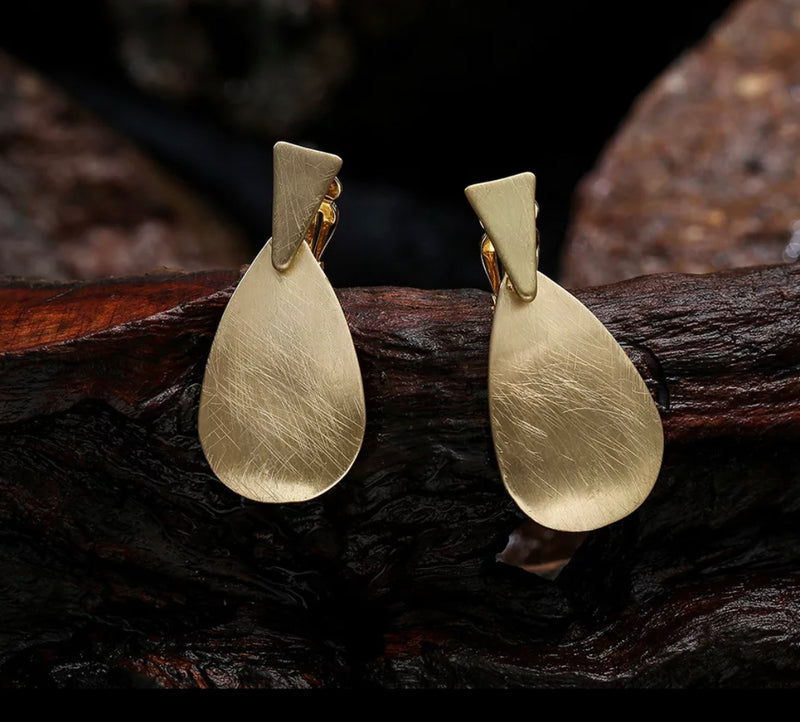 Clip on 1 3/4" matte silver or gold dangle teardrop earrings