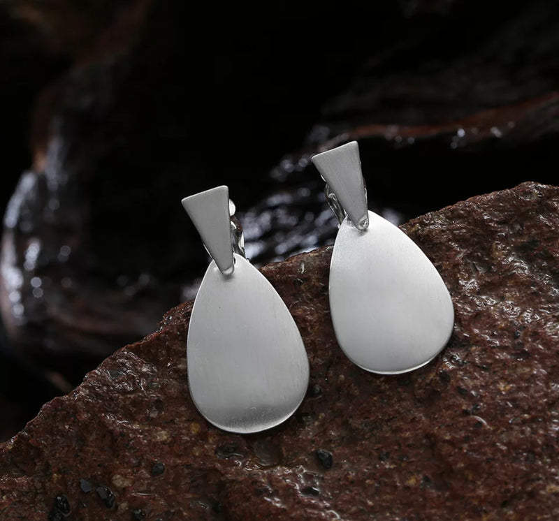 Clip on 1 3/4" matte silver or gold dangle teardrop earrings