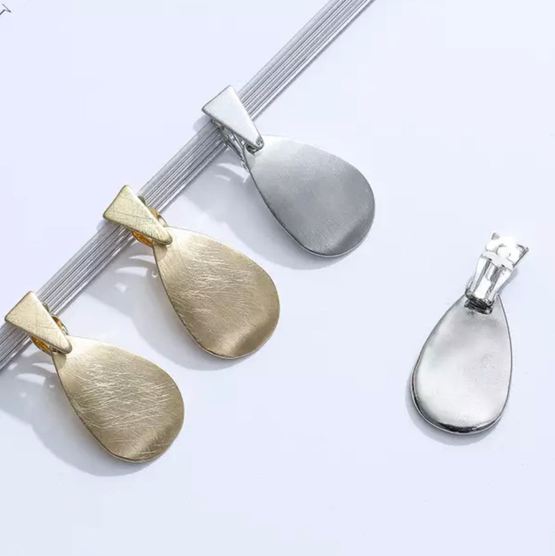 Clip on 1 3/4" matte silver or gold dangle teardrop earrings